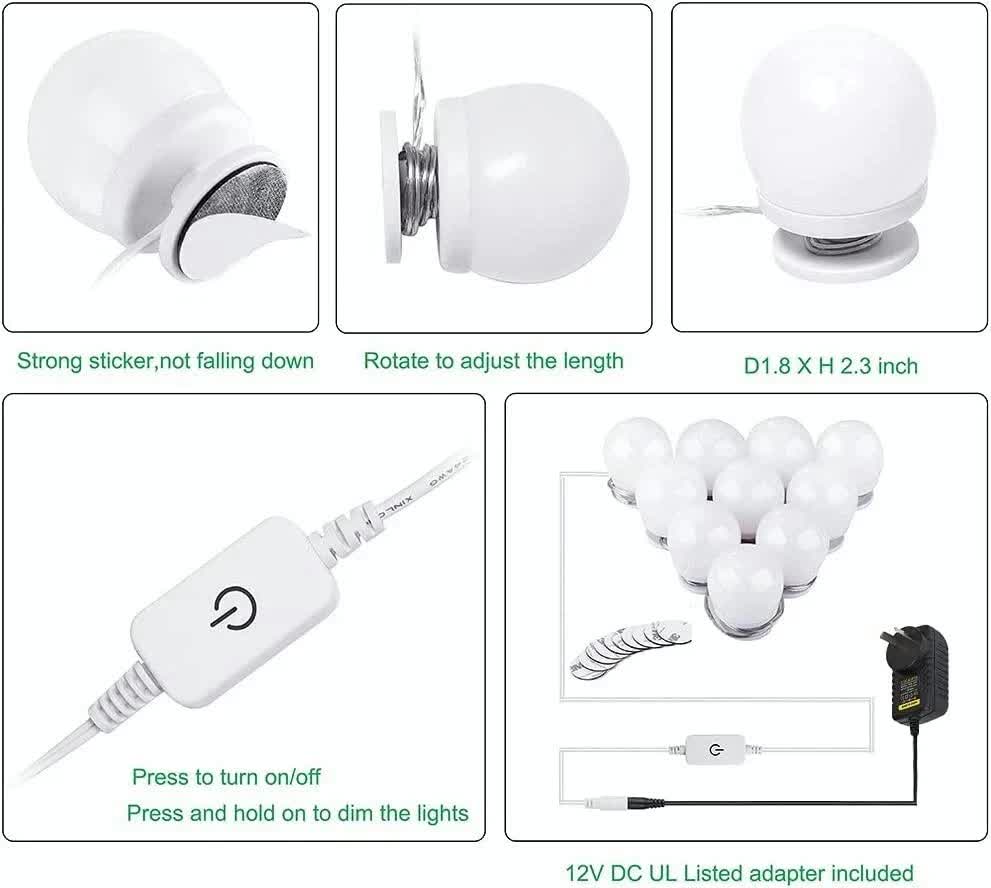 Hollywood LED Vanity Mirror Lights Kit,Stick on Dimmable Makeup Lights, 12V Mirror Lighting Strip Fixture for Vanity Dressing Table Set, Bedroom Wall Lights,CRI>90 (4000K Natural White,10 Bulbs)