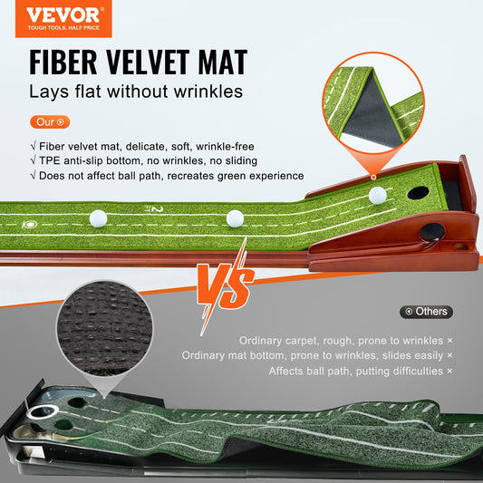 VEVOR Golf Putting Mat, 1 Hole Indoor Golf Putting Green, Wrinkle-Free Golf Training Aid, Mini Golf Accessory with Auto-Ball Return, Alignment Guide, and Wood Base, Game Practice Gift for Home Office