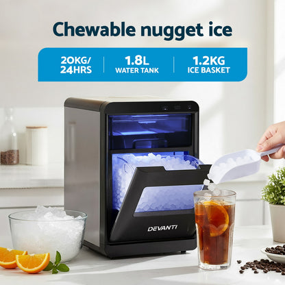 Devanti Ice Maker Machine 20kg Chewable Nugget Ice Countertop w/Self Cleaning