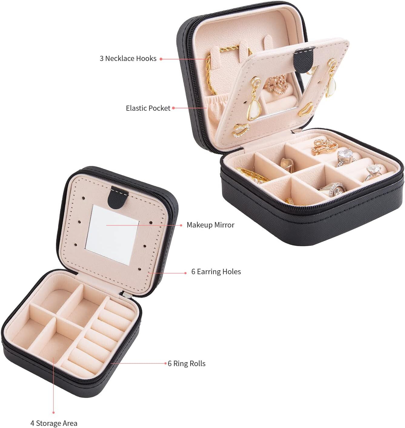 Black Travel Jewelry Box with Mirror: Sleek, Organised Storage for Rings, Necklaces & Earrings, Ideal for Aussies