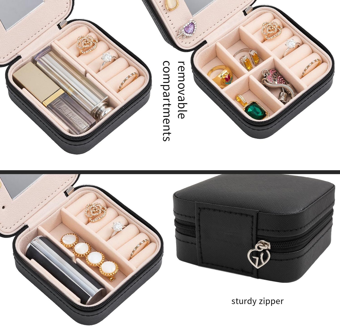 Black Travel Jewelry Box with Mirror: Sleek, Organised Storage for Rings, Necklaces & Earrings, Ideal for Aussies