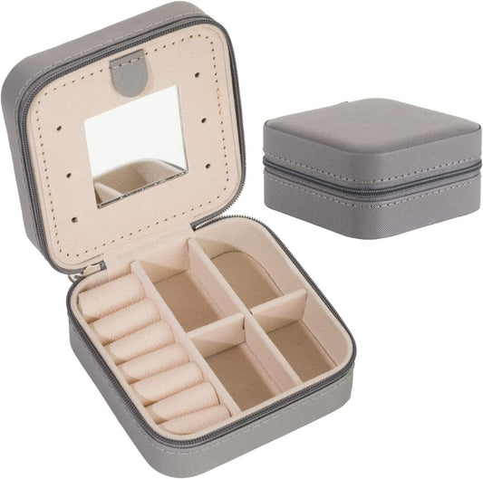 Grey Travel Jewelry Box with Mirror: Chic, Organised Storage for Rings, Necklaces & Earrings, Ideal for Aussies
