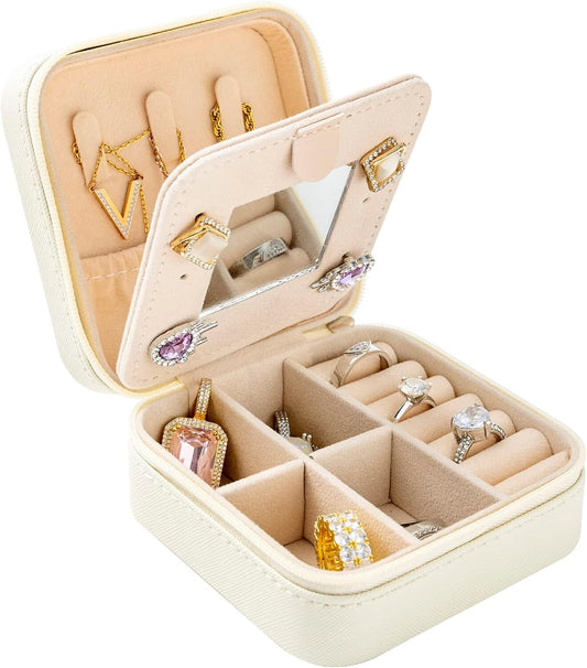 White Travel Jewelry Box with Mirror: Compact, Organised Storage for Rings, Necklaces & Earrings, Ideal for Aussies