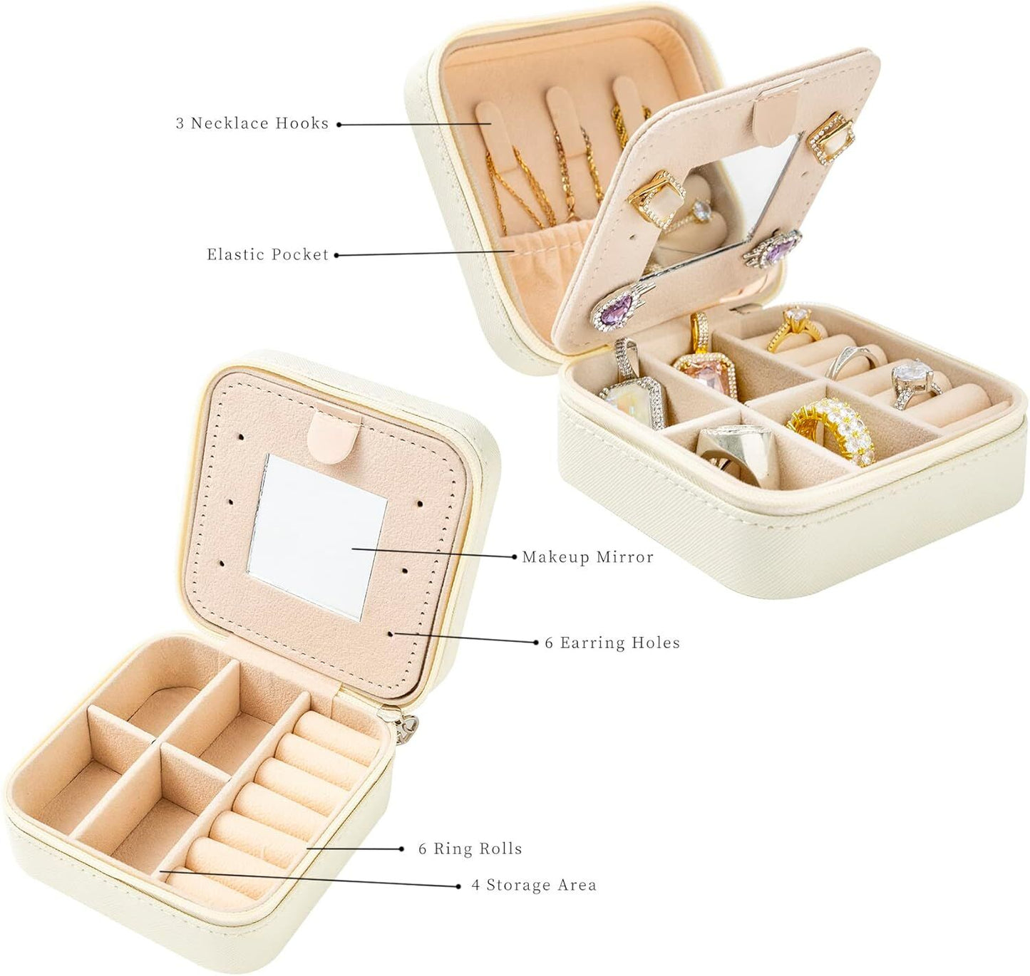 White Travel Jewelry Box with Mirror: Compact, Organised Storage for Rings, Necklaces & Earrings, Ideal for Aussies