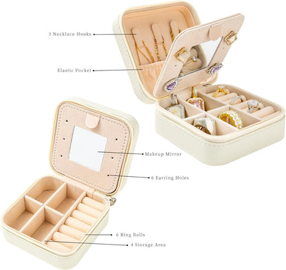 White Travel Jewelry Box with Mirror: Compact, Organised Storage for Rings, Necklaces & Earrings, Ideal for Aussies