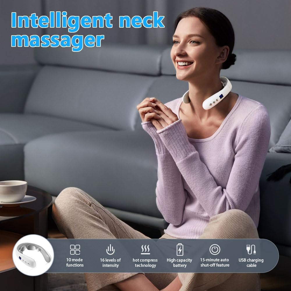 Wireless Neck Massager with Heat & 10 Modes: Electric Pulse Pain Relief for Australian Office Workers & Active Adults