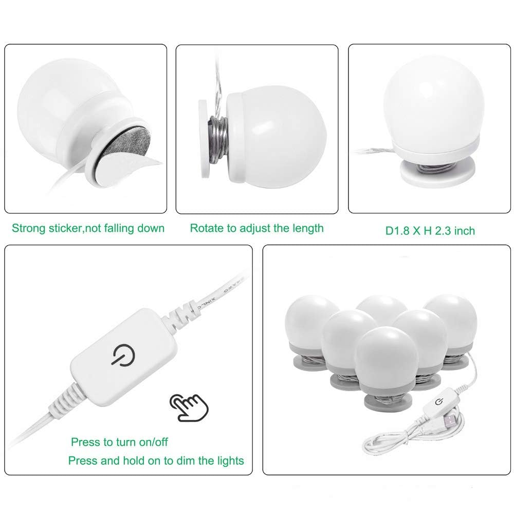 Dimmable Hollywood Style Lighted Vanity Makeup Mirror, LED Vanity Mirror Lights Kit with USB Port for Dressing Table, Mirror Not Included (4000K Natural White 6 Bulbs 5V USB)