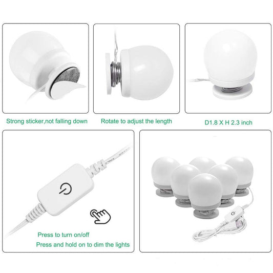 Dimmable Hollywood Style Lighted Vanity Makeup Mirror, LED Vanity Mirror Lights Kit with USB Port for Dressing Table, Mirror Not Included (4000K Natural White 6 Bulbs 5V USB)