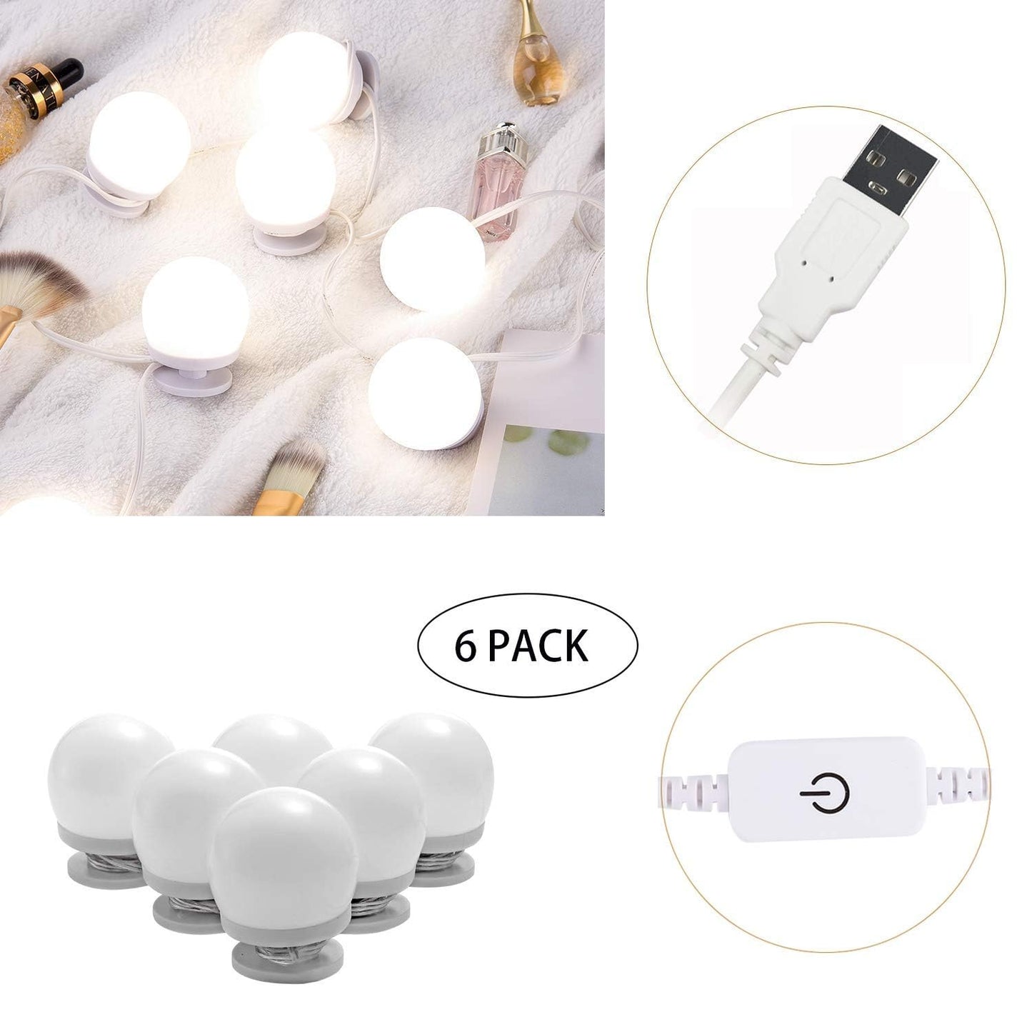 Dimmable Hollywood Style Lighted Vanity Makeup Mirror, LED Vanity Mirror Lights Kit with USB Port for Dressing Table, Mirror Not Included (4000K Natural White 6 Bulbs 5V USB)