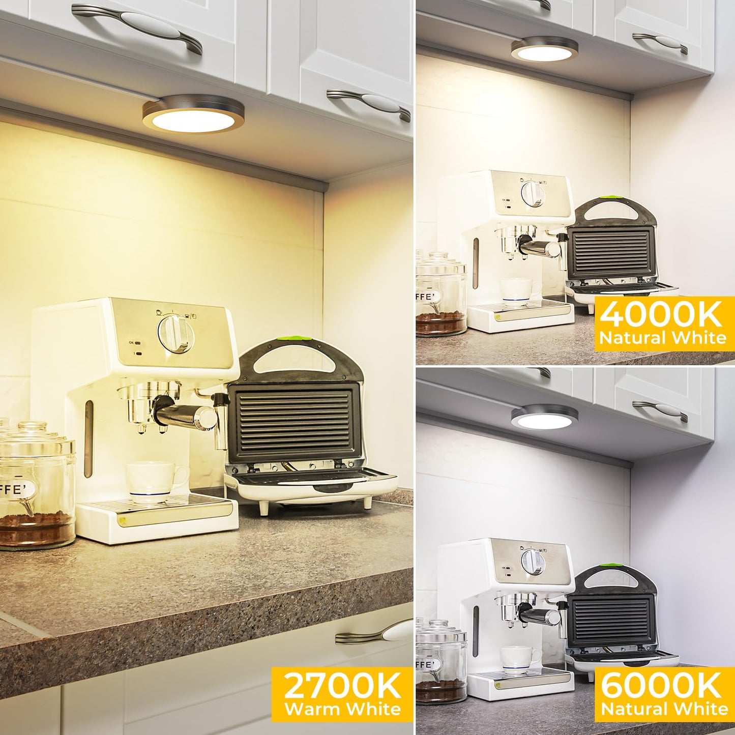 4 Pack Puck Lights 5V Single USB Powered,3 Color Temperature Adjustable & Dimmable Under Cabinet Light,3D Printer LED Lamp Kit for Cabinet,Wardrobe,Showcase