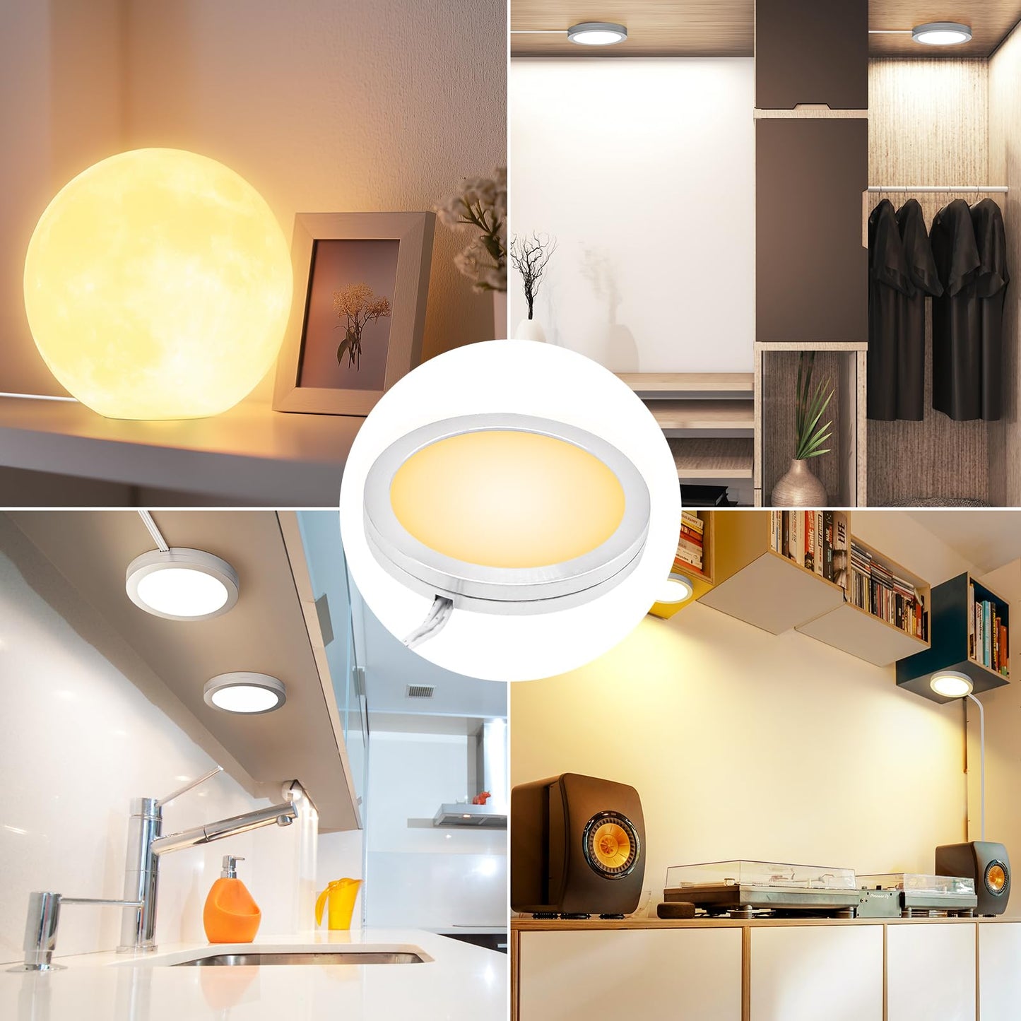 4 Pack Puck Lights 5V Single USB Powered,3 Color Temperature Adjustable & Dimmable Under Cabinet Light,3D Printer LED Lamp Kit for Cabinet,Wardrobe,Showcase