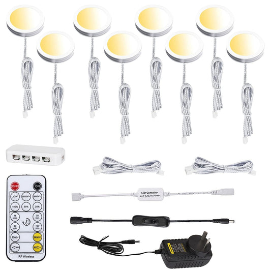 LED Under Cabinet Puck Lights CCT Light Color Temperature Adjustable Warm+White Double Color with Dimmable RF Remote Controller for Kitchen Shelf Ambiance Display Lighting (8 Lights, 24W)