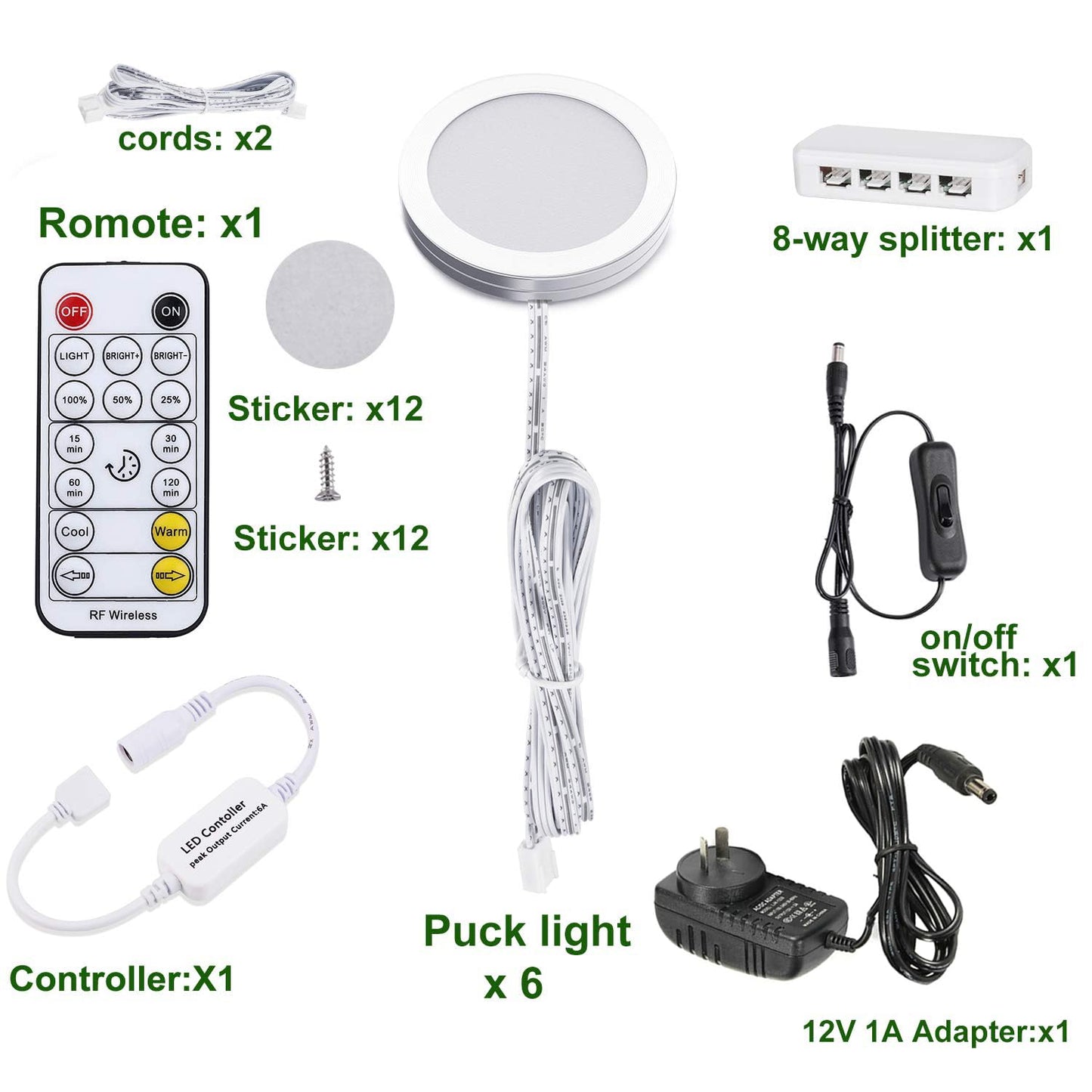 LED Under Cabinet Puck Lights CCT Light Color Temperature Adjustable Warm+White Double Color with Dimmable RF Remote Controller for Kitchen Shelf Ambiance Display Lighting (8 Lights, 24W)