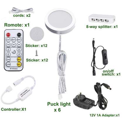 LED Under Cabinet Puck Lights CCT Light Color Temperature Adjustable Warm+White Double Color with Dimmable RF Remote Controller for Kitchen Shelf Ambiance Display Lighting (8 Lights, 24W)
