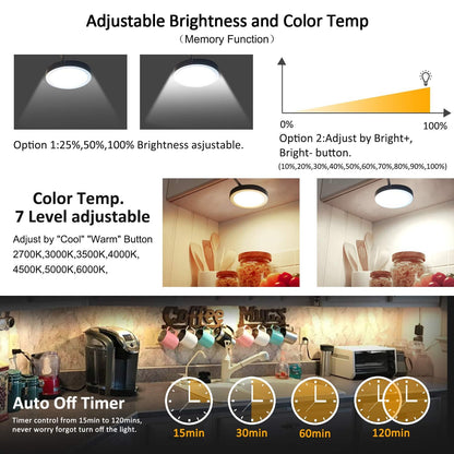 LED Under Cabinet Puck Lights CCT Light Color Temperature Adjustable Warm+White Double Color with Dimmable RF Remote Controller for Kitchen Shelf Ambiance Display Lighting (8 Lights, 24W)