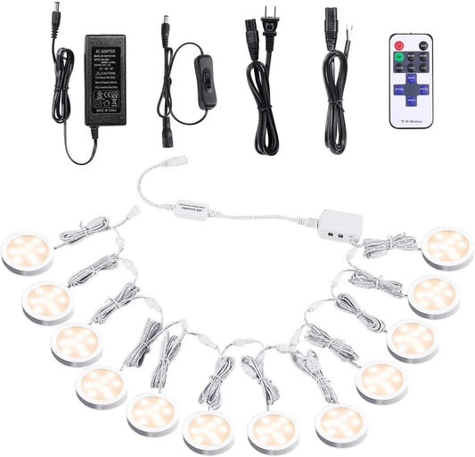 Linkable Under Cabinet LED Lighting 12V Dimmable Puck Lights with Wireless RF Remote Control, Hardwired & Wall Plug in for Kitchen Mood Lighting,Warm White