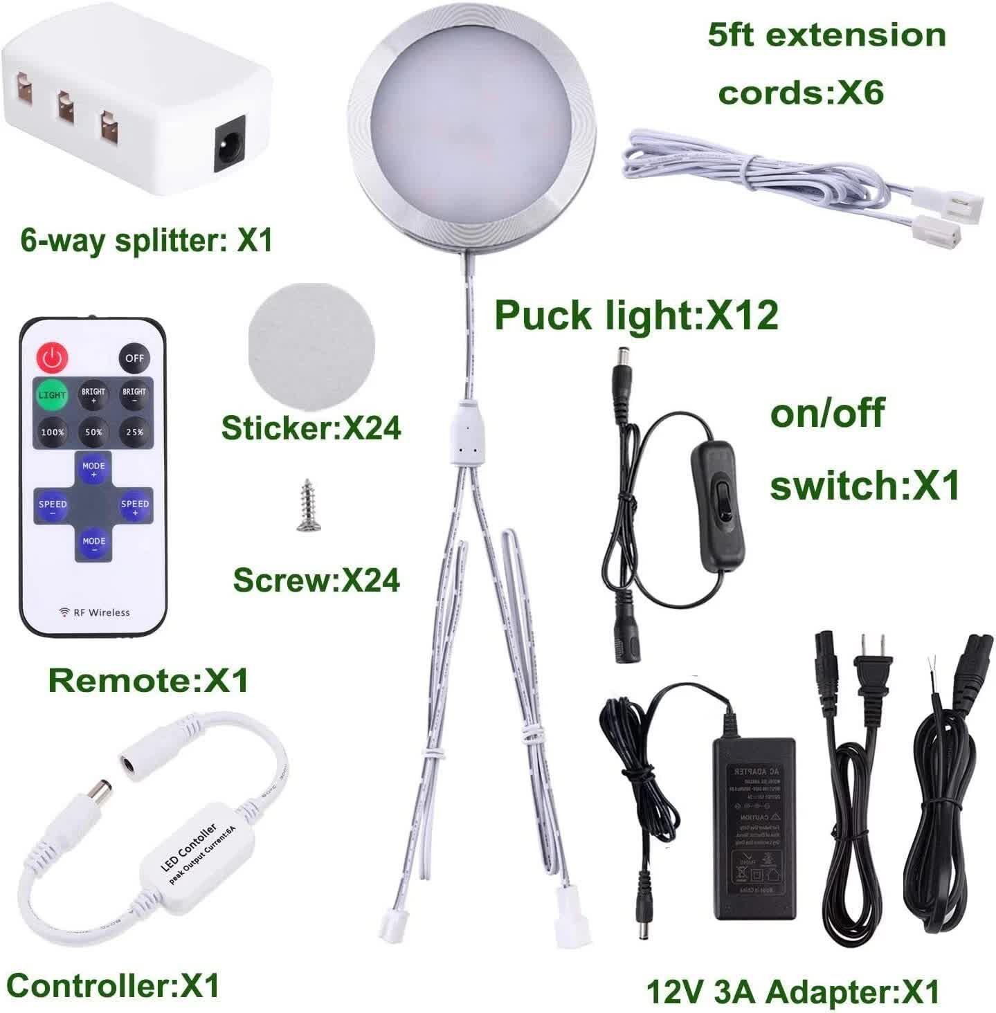 Linkable Under Cabinet LED Lighting 12V Dimmable Puck Lights with Wireless RF Remote Control, Hardwired & Wall Plug in for Kitchen Mood Lighting,Warm White