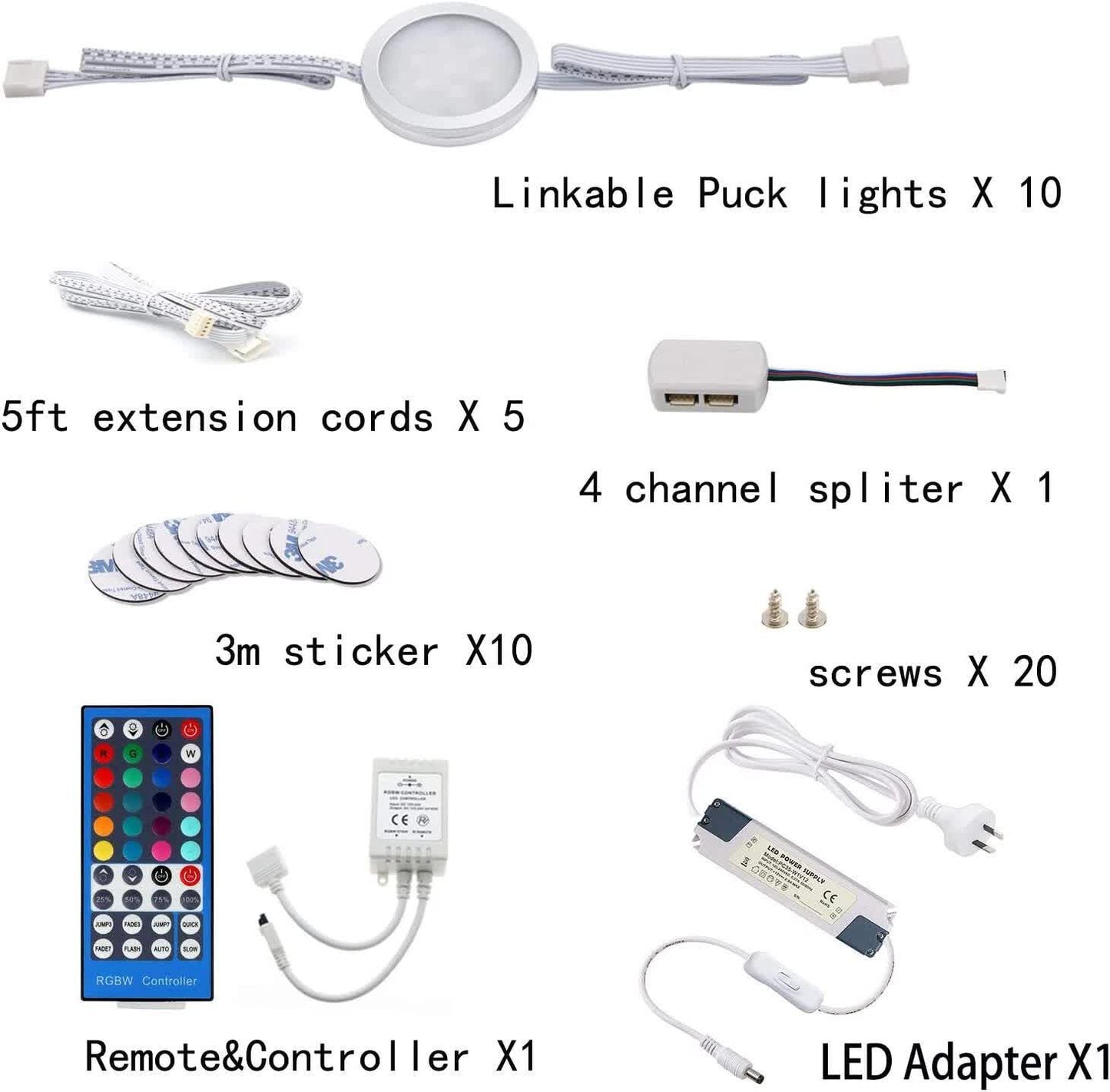 Under Counter LED Light Kit, RGBW Under Cabinet Lighting, 10 Packs Colored Cabinet Lights with Wireless 40-Key IR Dimmable Remote Control (10 Lights)