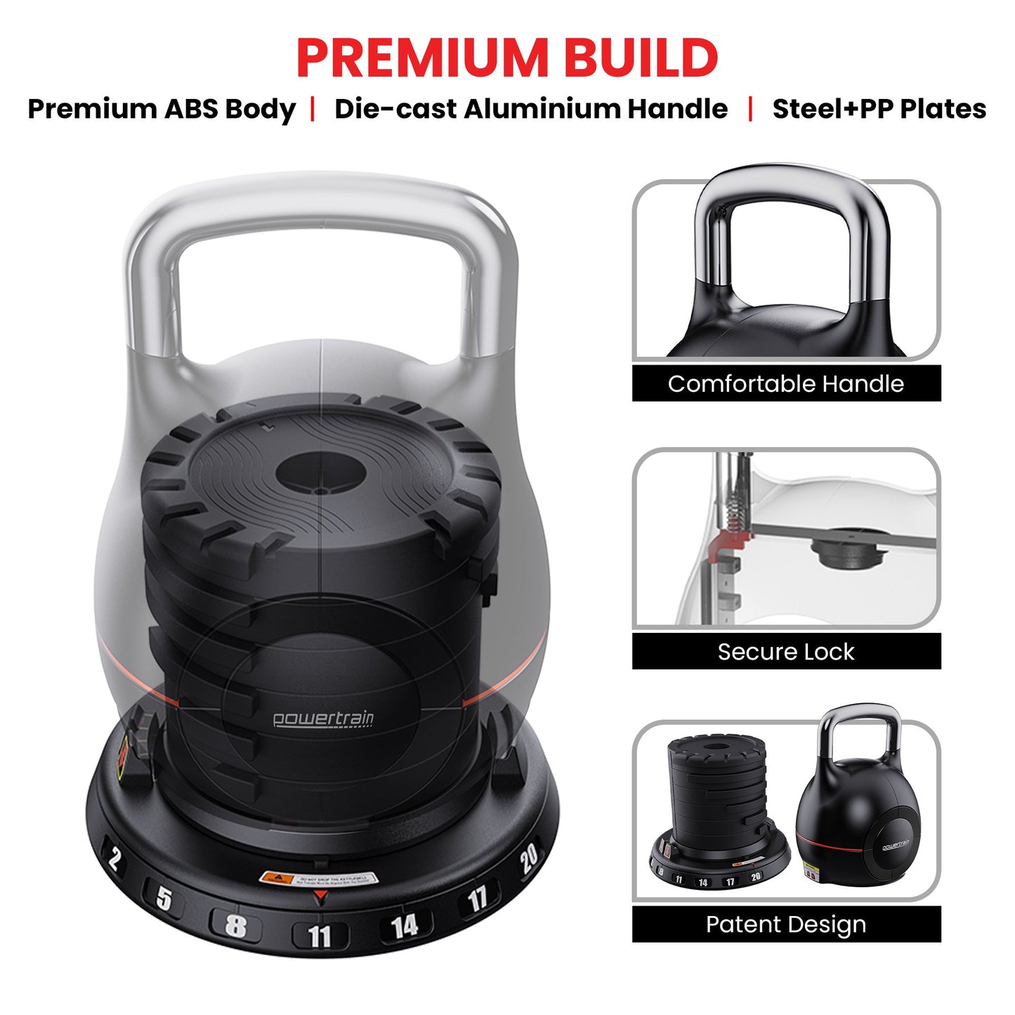 Powertrain Adjustable Kettlebell 20kg 7 in 1 Weight Selection Set w/Quick One Hand Adjustment Secure Locking System