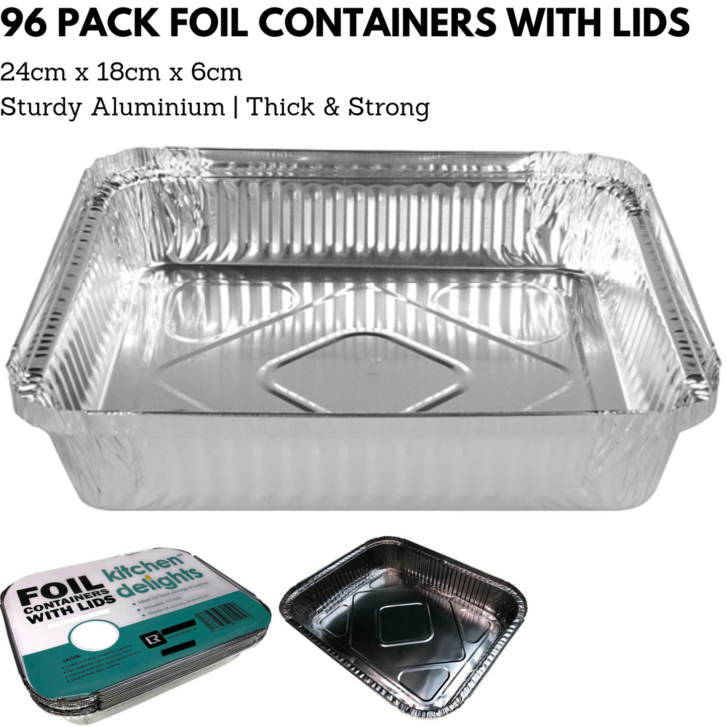 96x Aluminium Disposable Foil Food Container Trays Pans w/ Lids Covers Bulk 24cm*18cm*6cm