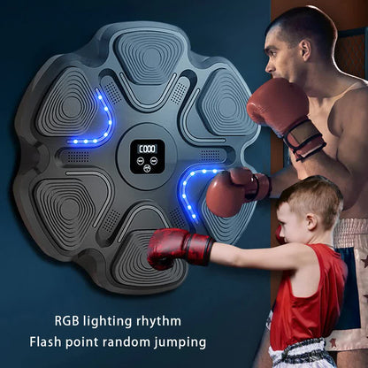 Black 6-Target Sensor Smart Bluetooth Music Boxing Kit with Adult Gloves - Electronic Wall Punch Pad, Drill-Free & Detachable, Screen Counter, USB Rechargeable