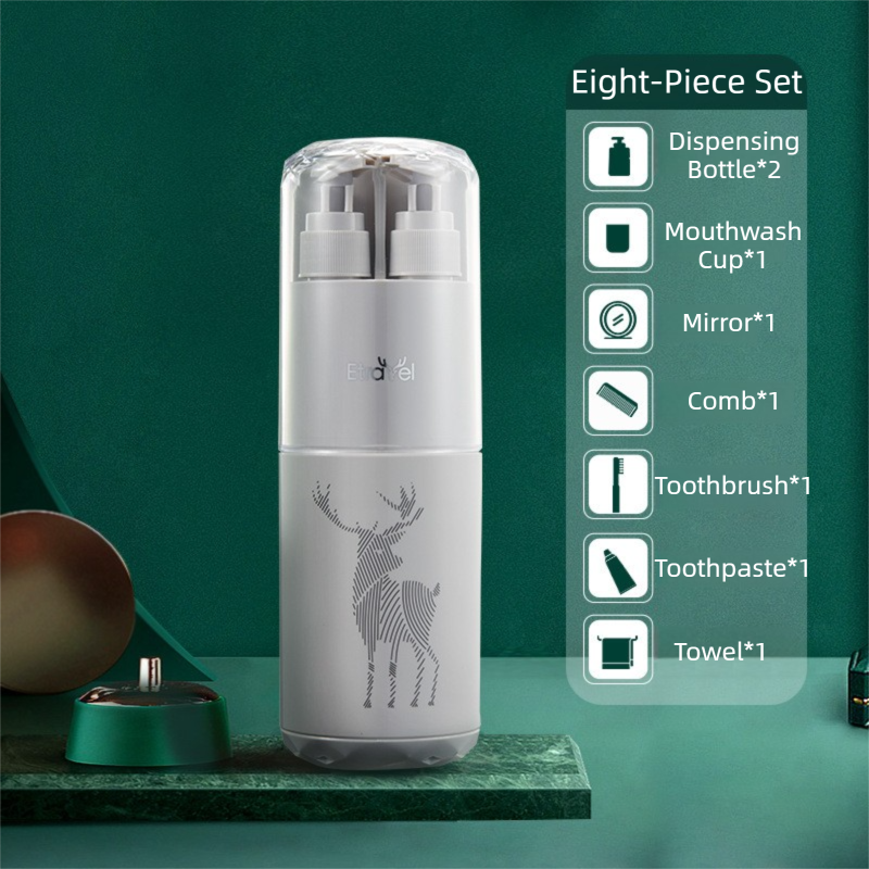Grey Deluxe 8-in-1 Travel Toiletry Set - Portable All-in-One Toothbrush Holder, Wash Cup, Towel and 2 * Refill Bottles for Travel & Camping