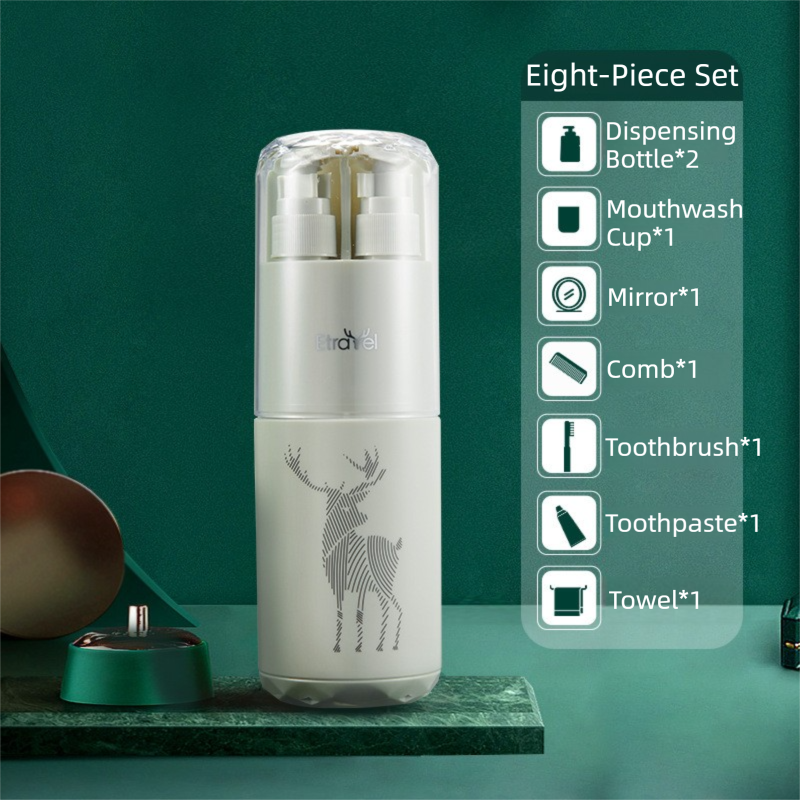 Green Deluxe 8-in-1 Travel Toiletry Set - Portable All-in-One Toothbrush Holder, Wash Cup, Towel and 2 * Refill Bottles for Travel & Camping