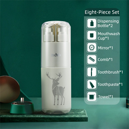 Green Deluxe 8-in-1 Travel Toiletry Set - Portable All-in-One Toothbrush Holder, Wash Cup, Towel and 2 * Refill Bottles for Travel & Camping