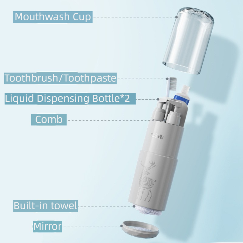 Green Deluxe 8-in-1 Travel Toiletry Set - Portable All-in-One Toothbrush Holder, Wash Cup, Towel and 2 * Refill Bottles for Travel & Camping