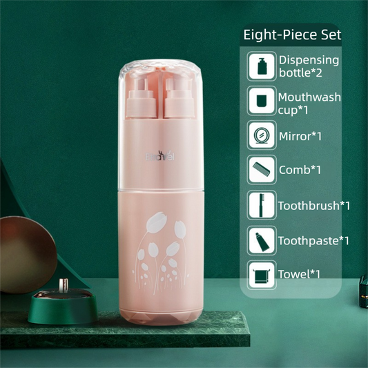 Pink Deluxe 8-in-1 Travel Toiletry Set - Portable All-in-One Toothbrush Holder, Wash Cup, Towel and 2 * Refill Bottles for Travel & Camping