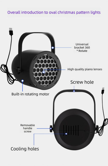 White Christmas LED Projector Light Portable USB Holiday Atmosphere Lamp with 360 Degree Rotating Stand for Indoor Home and Party Decoration Santa Snowman Patterns
