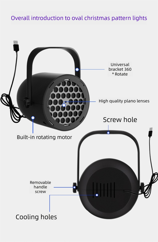 White Christmas LED Projector Light Portable USB Holiday Atmosphere Lamp with 360 Degree Rotating Stand for Indoor Home and Party Decoration Santa Snowman Patterns