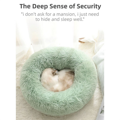 Green Cozy Donut Long Plush Cat & Dog Calming Bed(Diameter 50cm) - Double-Layer PP Cotton Filling Warming Pet Bed with Anti-Slip Base & Free Blanket