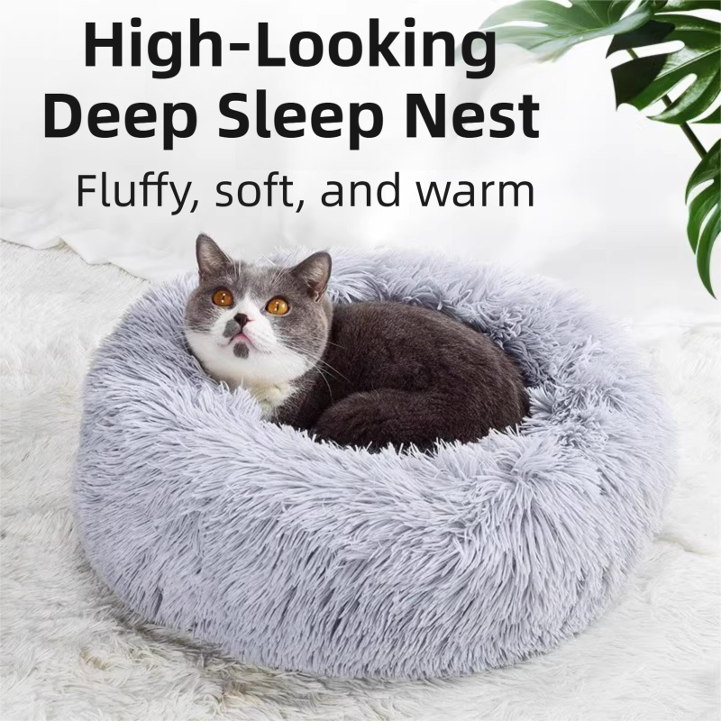 Rainbow Colors Cozy Donut Long Plush Cat & Dog Calming Bed(Diameter 50cm) - Double-Layer PP Cotton Filling Warming Pet Bed with Anti-Slip Base & Free Blanket