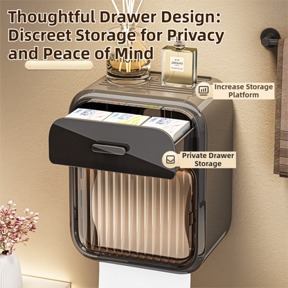 Mint Green No-Drill Wall Mounted Toilet Paper Holder with Storage Shelf and Drawer - Waterproof Bathroom Tissue Dispenser for Roll & Face Tissue