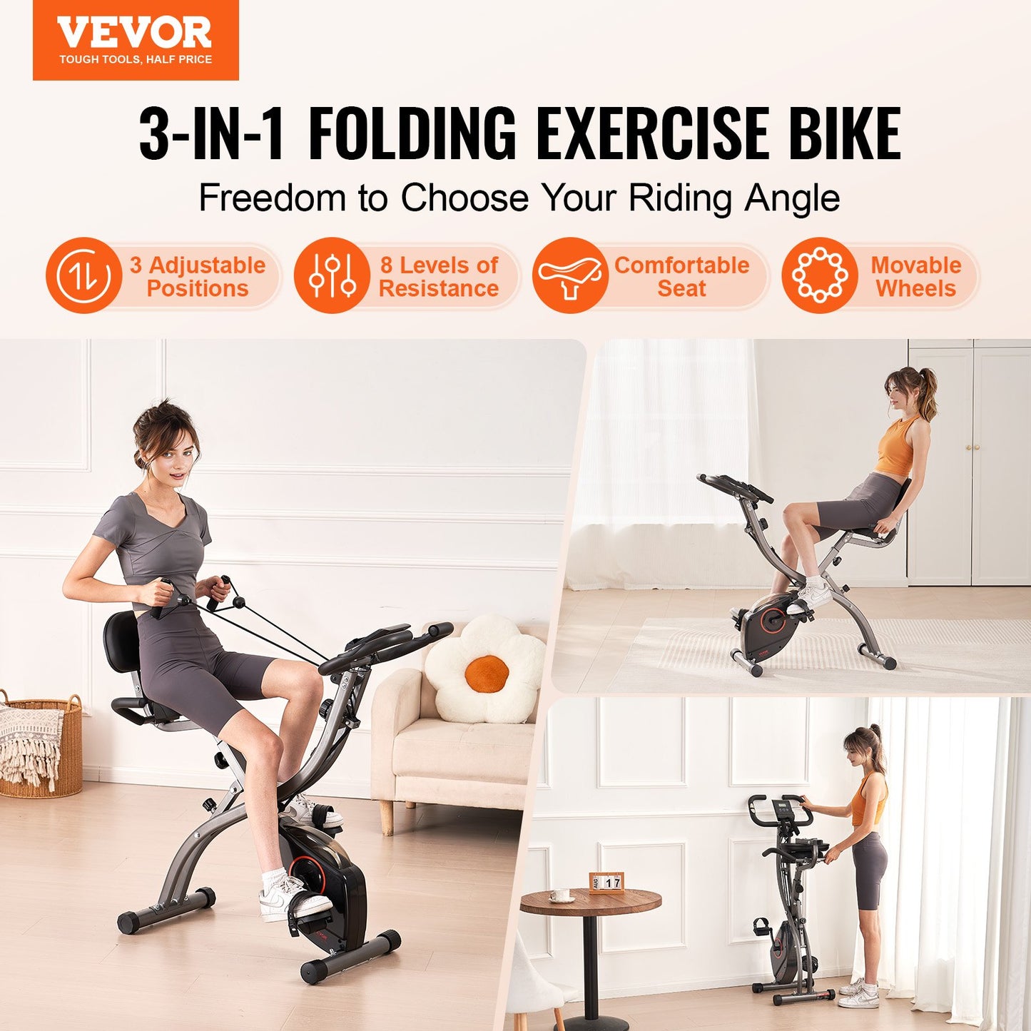 VEVOR Folding Exercise Bike, Foldable Fitness Stationary Bike, Adjustable Magnetic Resistance Stationary Bike, Upright Indoor Cycling Bike for Home Gym Workout, Comfortable Seat Cushion, LCD Monitor