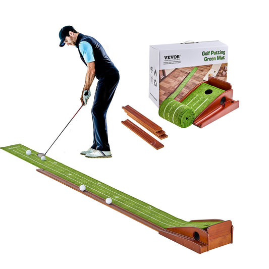 VEVOR Golf Putting Mat, 1 Hole Indoor Golf Putting Green, Wrinkle-Free Golf Training Aid, Mini Golf Accessory with Auto-Ball Return, Alignment Guide, and Wood Base, Game Practice Gift for Home Office